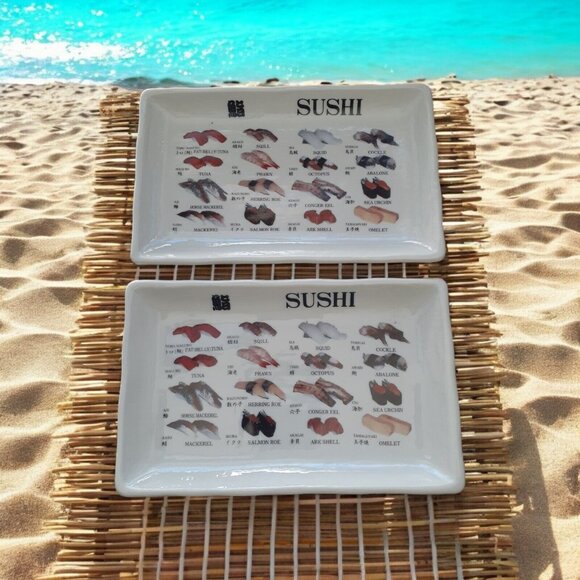 Two Rectangular Japanese Sushi Plates Fish Tuna Prawn Salmon Squid Abalone Japan - Picture 2 of 6